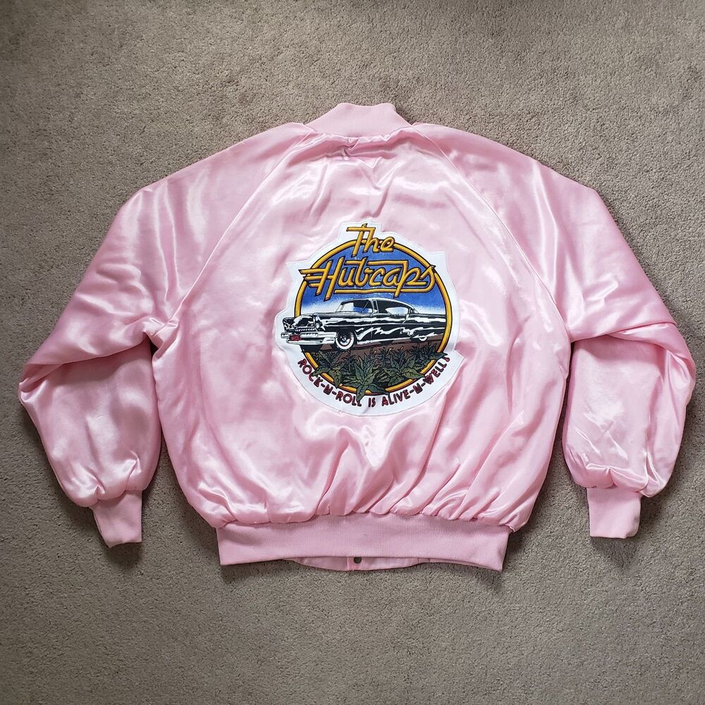 Vintage The Hubcaps Rockabilly Satin Bomber Jacket Size L/XL  Pink Rock N Roll